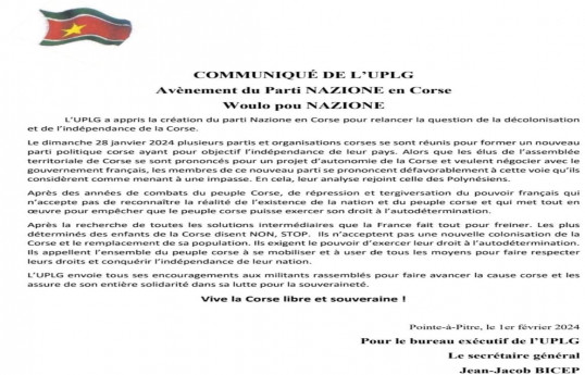 Communiqué de l’UPLG Avènement du Parti NAZIONE en Corse Woulo pou NAZIONE