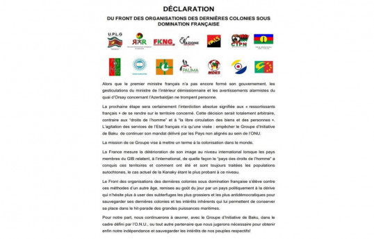 Le Front des organisations des dernières colonies françaises publie une déclaration en réponse à l'avertissement de voyage du MAE français en Azerbaïdjan