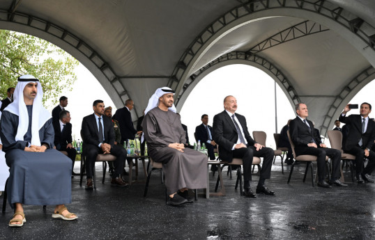 Les présidents Ilham Aliyev et le cheikh Mohammed ben Zayed Al Nahyan assistent à un spectacle des chevaux Karabagh sur la Plaine de Djydyr